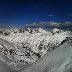 Scenic view of snow covered mountains against sky