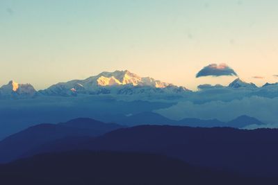 Scenic view of mountains against sky during sunset