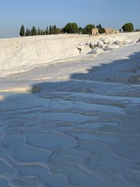 Aerial view of city at salt terraces at pamukkale in turkey 