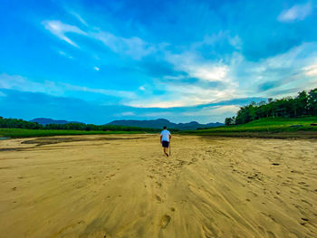 Rear view of man walking on land