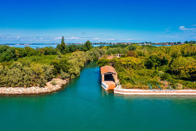 Aerial view of the plagued ghost island of poveglia in venice