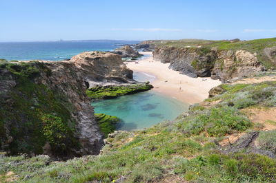 Scenic view of sea against blue sky