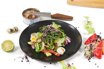 High angle view of salad in plate on table