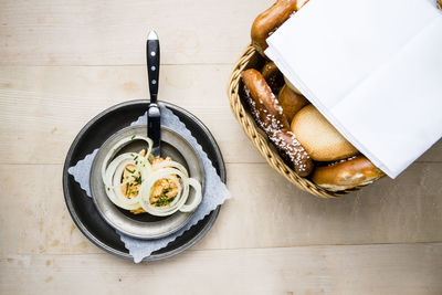 High angle view of bread in plate on table