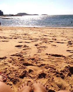 Low section of person on beach against sky