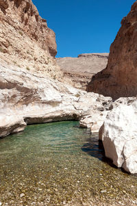 Rock formations in water against sky