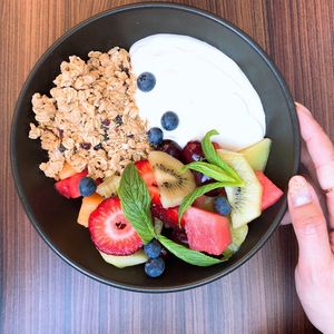 High angle view of breakfast on table