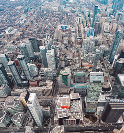 High angle view of modern buildings in city