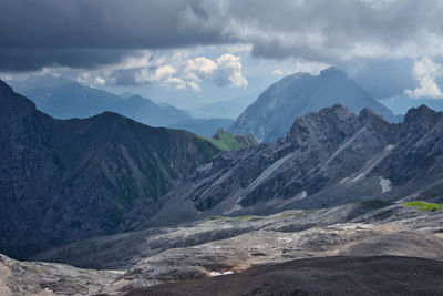 Scenic view of mountains against cloudy sky