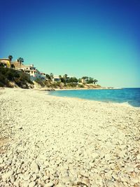 Scenic view of sea against clear blue sky