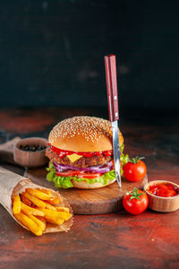 Close-up of burger on cutting board