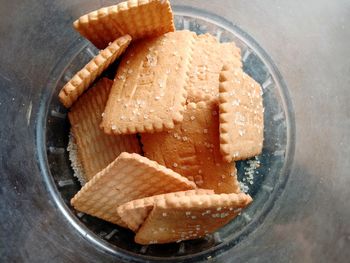 High angle view of dessert in bowl on table