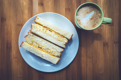 High angle view of breakfast served on table