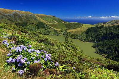 Scenic view of mountains against blue sky