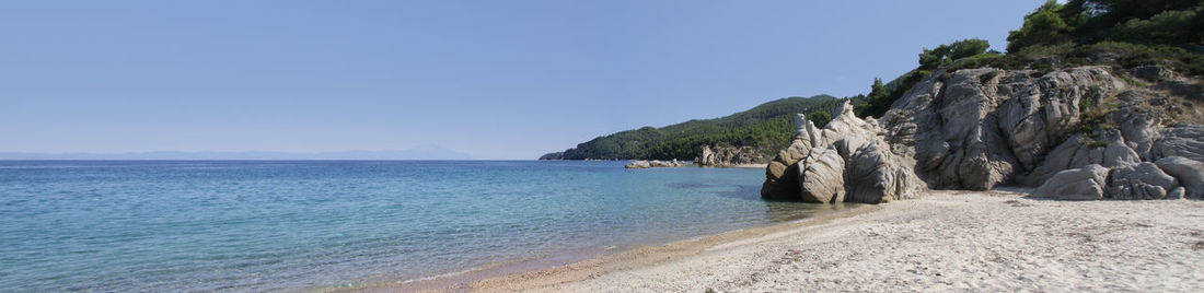 Scenic view of sea against clear blue sky