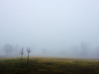 Scenic view of landscape in foggy weather