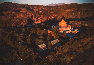 High-angle view of the temple in the building