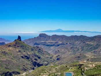 Scenic view of landscape and mountains against clear blue sky