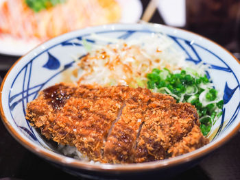 Close-up of crispy fried meat with rice served in bowl on table