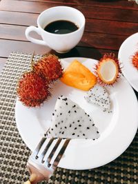 High angle view of breakfast on table