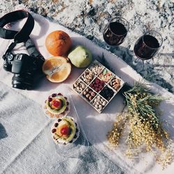 High angle view of fruits on table