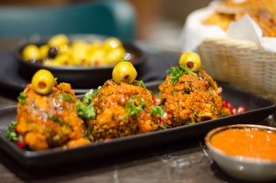 Close-up of meal served on table