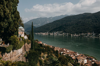 Scenic view of lake and buildings against cloudy sky