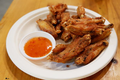 High angle view of food in plate on table