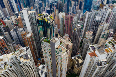 High angle view of modern buildings in city