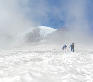 Rear view of people on snow covered landscape