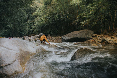 Scenic view of river flowing through rocks in forest