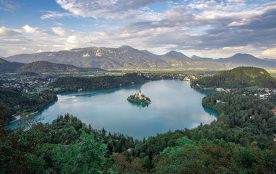 Beautyfull view of mountains and lake of bled in slovenia