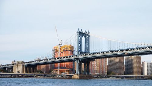 Golden gate bridge over river against sky in city