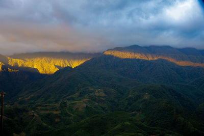 Scenic view of mountains against cloudy sky