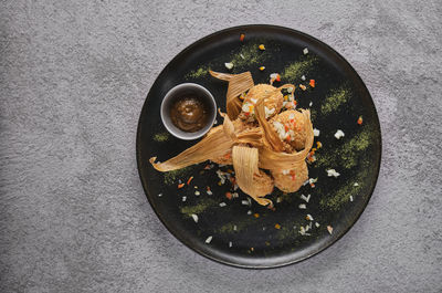 High angle view of food in bowl on table