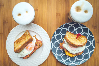 High angle view of breakfast served on table