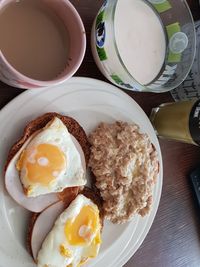 High angle view of breakfast served on table