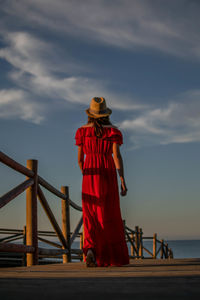 Rear view of woman standing by railing against sea