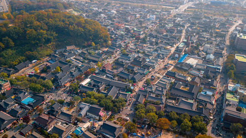 High angle view of houses and trees