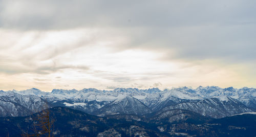 Scenic view of mountains against cloudy sky