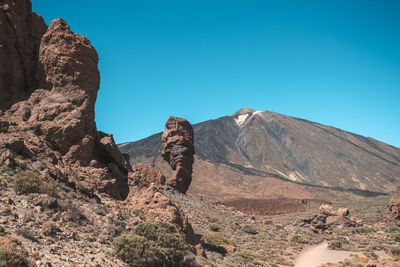 Rock formations against clear blue sky