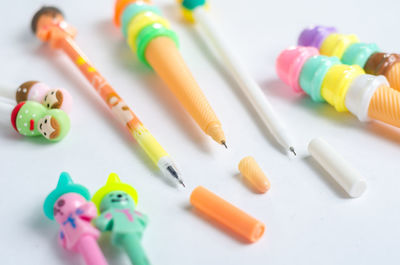 High angle view of colored pencils on table