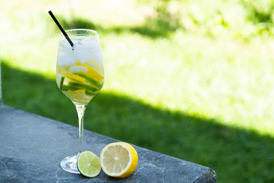 Drink in glass on table