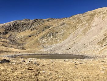 Scenic view of desert against clear blue sky