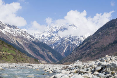 Scenic view of snowcapped mountains against sky