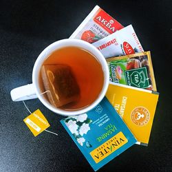 High angle view of coffee cup on table