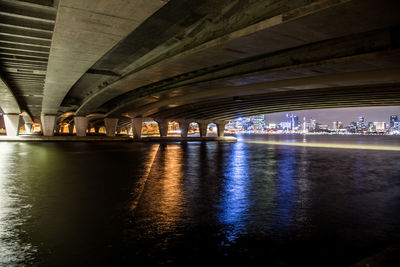 Reflection of illuminated bridge in river at night