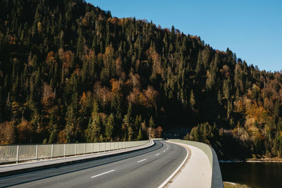 Road amidst trees and mountains against sky