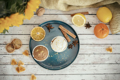 High angle view of fruits on table