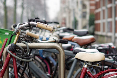 Close-up of bicycle parked outdoors